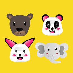 Hand drawn cartoon face animal collection on yellow background