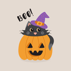 Boo! cute cat in pumpkin vector illustration greeting card. Graphic drawing of black cat with witch hat inside carved pumpkin, with text. Isolated.