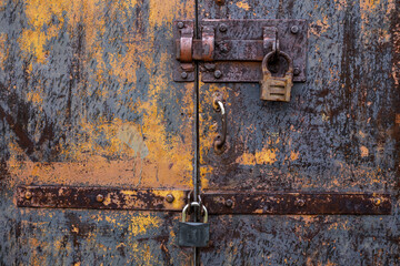 Old door with an old lock. Old padlock.