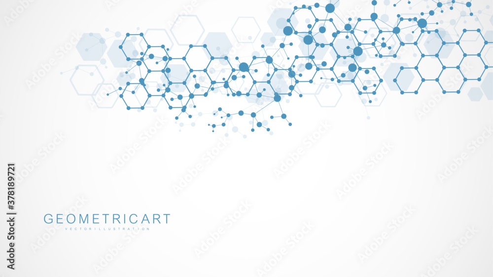 Wall mural science network pattern, connecting lines and dots. technology hexagons structure or molecular conne
