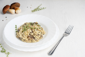 Creamy risotto or Italian arborio rice dish cooked with broth, mushrooms, thyme, white wine and parmesan cheese served in plate with fork on white wooden background at kitchen. Image with copy space