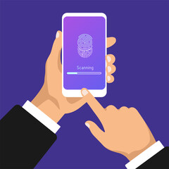 Hand holds smartphone with scanning fingerprint. Touch id in the mobile phone. 