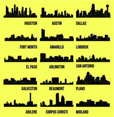 Set of 15 City Silhouette in Texas ( Houston, Austin, Dallas, Fort Worth, Amarillo, Lubbock, El Paso, Arlington, San Antonio, Galveston, Plano, Beaumont, Abilene, Corpus Christi, Midland )