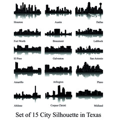 Set of 15 City Silhouette in Texas ( Houston, Austin, Dallas, Fort Worth, Amarillo, Lubbock, El Paso, Arlington, San Antonio, Galveston, Plano, Beaumont, Abilene, Corpus Christi, Midland )