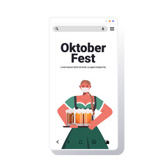woman in mask holding beer mugs Oktoberfest party festival celebration online communication concept girl in traditional clothes having fun smartphone screen portrait copy space vector illustration