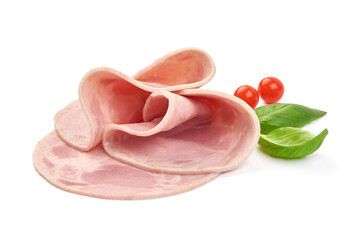 Boiled ham slices, isolated on white background