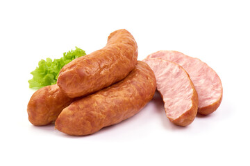 German traditional smoked sausages, isolated on white background