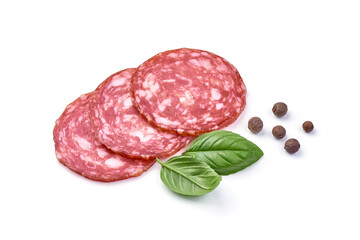 Salami sausage slices, isolated on white background