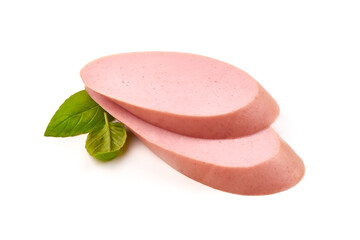 Fresh Boiled sausage slices with basil leaves, isolated on white background