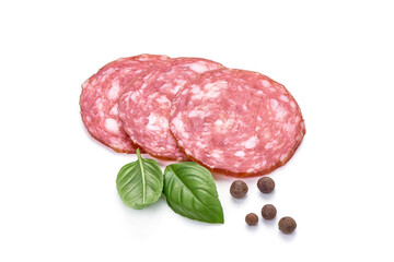 Sliced salami smoked sausage, isolated on white background