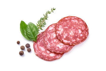 Salami sausage slices, isolated on white background