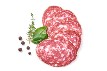 Salami sausage slices, isolated on white background