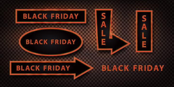 Vector set of realistic isolated neon billboard for Black Friday for decoration and covering on the transparent background. Concept of sale and discount.