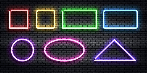 Vector set of realistic isolated neon sign of frame with different shape and color for template and layout on the wall background.
