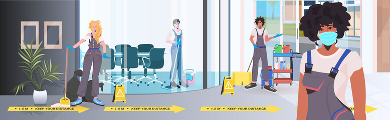 mix race cleaners team cleaning and disinfecting floor to prevent coronavirus pandemic modern office interior horizontal vector illustration
