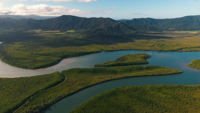 Daintree River flowing through Daintree Forest, 4K aerial landscape