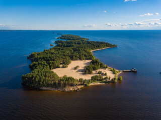 Aerial view from drone of  Volga river island called 