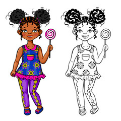 African small girl with hair style in two puffs, 5-10 years old. Additional illustration in black and white for colored page background