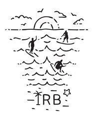 Sea landscape with surfers, seagulls and sun. IRB in minimalistic style. Indian Rock Beach, Florida, USA. Black and white