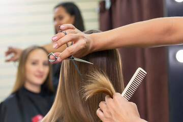 Womens hairdresser, beauty salon. Professional stylist cuts female hair in salon