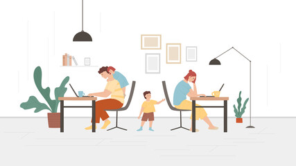 Mother and father working from home with kids. Children require attention from parents. Freelance and remote job concept. Self employed character. Unhappy family. Vector illustration in flat style.