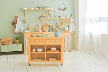 Wooden kitchen with shelf interior design. Close up