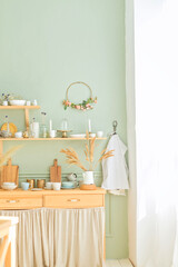 Wooden kitchen with shelf interior design. Bright kitchen