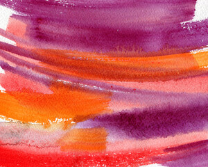Abstract hand drawn watercolor background. Warm yellow purple orange backdrop. Aquarelle colorful texture. - 378195748