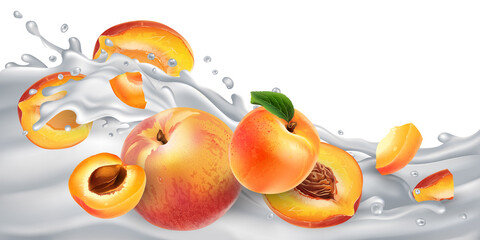 Fototapeta na wymiar Apricots and peaches on a yogurt or milk wave.