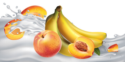 Fototapeta na wymiar Bananas and peaches on a yogurt or milk wave.