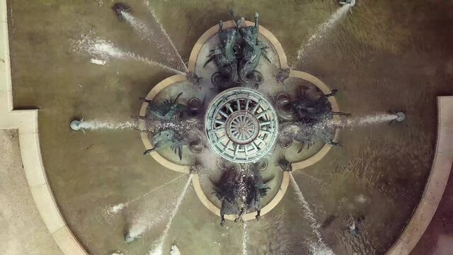 Aerial drone footage from Paris filmed in luxembourg gardens at Avenue de L'observatoire.Overhead video clip of famous Fontaine de L'observatoire at Jardin des Grands Explorateurs