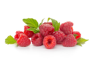  raspberries with leaf isolated on a white background