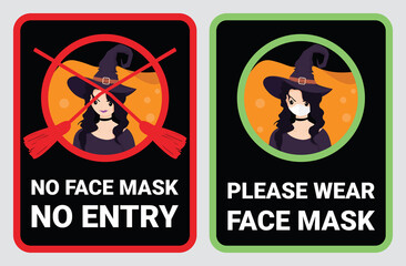 No face mask, No entry to protect & prevent from Coronavirus or Covid-19. Warning sign vector for notice people or visiter beware and wear face mask before enter the stores, supermarkets on Halloween