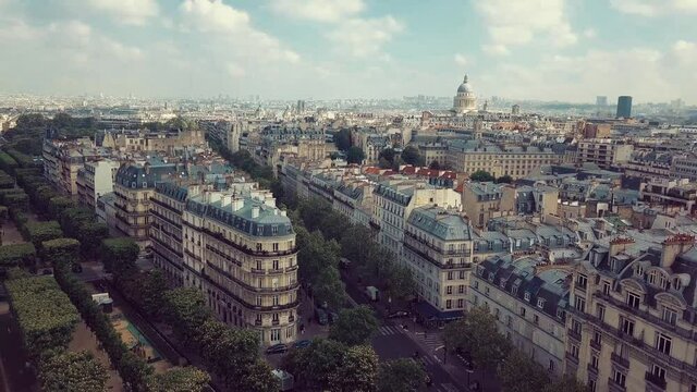 Aerial drone video from Paris filmed in luxembourg gardens at Avenue de L'observatoire. Panoramic 4k footage of Parisian central district filmed from above