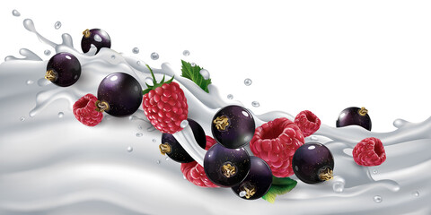 Naklejka na ściany i meble Black currants and raspberries on a yogurt or milk wave.