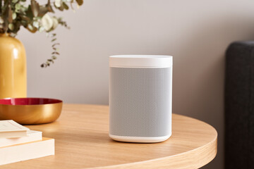 Smart speaker near decorations and books