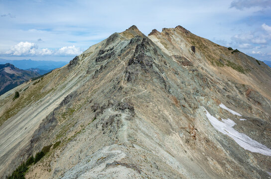 Hiking trail through remote mountain range, Goat Rocks Wilderness, Washington