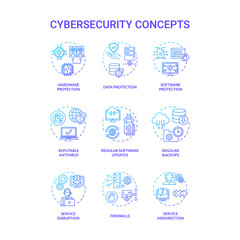 Cybersecurity concept icons set. Databases protection idea thin line RGB color illustrations. Reputable antivirus. Regular backups. Firewalls. Service disruption. Vector isolated outline drawings