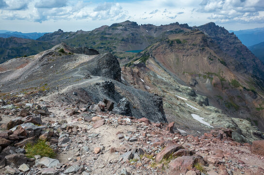 Hiking trail through remote mountain range, Goat Rocks Wilderness, Washington