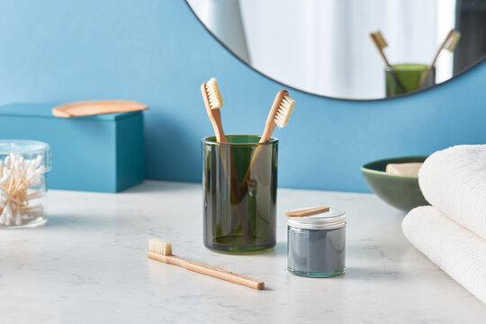 Ecological dental care tools near towels and swabs