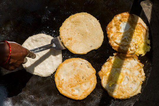 Asian street food closeup shot cooking pancake