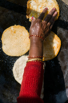 Asian street food closeup shot cooking pancake