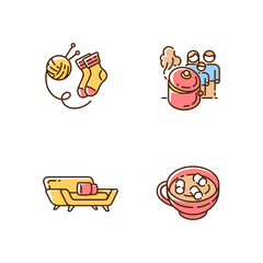 Hyggelig time RGB color icons set. Hand knitted socks. Hobby. Home cooking. Homemade food. Winter holiday drinks. Hot chocolate with marshmallows. Relaxing at home. Isolated vector illustrations