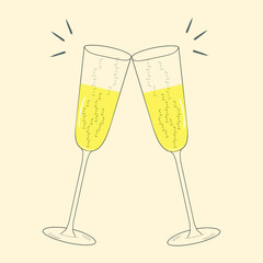 Two sparkling glasses of champagne on a beige background. Vector illustration.