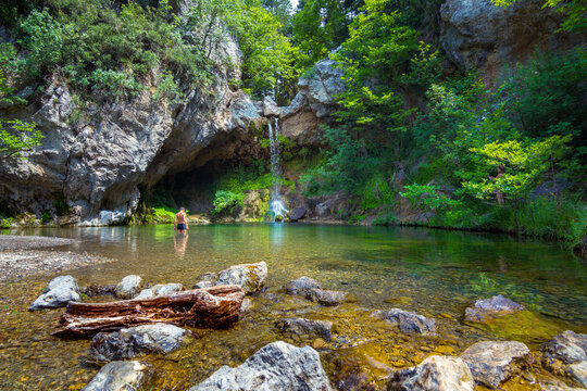 Waterfall, lakes and river of Drimonas, North Euboea, Greece.