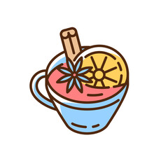 Mulled wine RGB color icon. Winter holiday hot drinks. Hyggelig atmosphere. Life simple pleasures. Blue mug with spiced beverage. Christmas warm drink. Homemade food. Isolated vector illustration