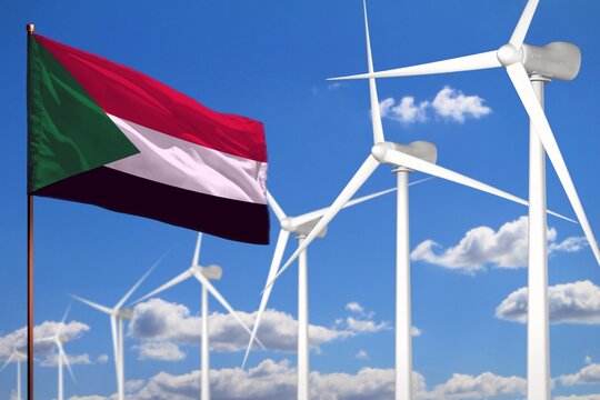Sudan alternative energy, wind energy industrial concept with windmills and flag industrial illustration - renewable alternative energy, 3D illustration