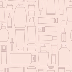 Beauty cosmetics shop icons. Vector seamless pattern. Outlined signs for cosmetics shop. Skin body care.
