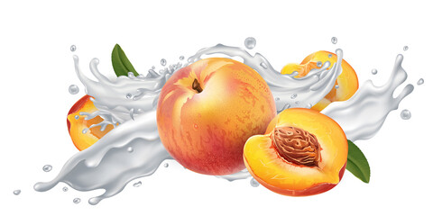 Peaches in a yogurt or milk splash.