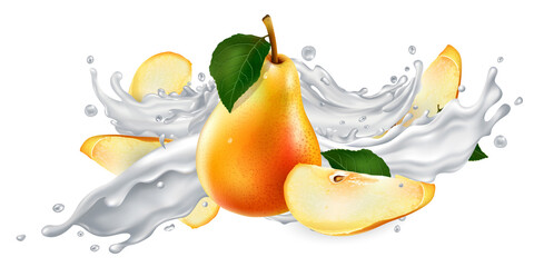 Fototapeta na wymiar Pears in a yogurt or milk splash.